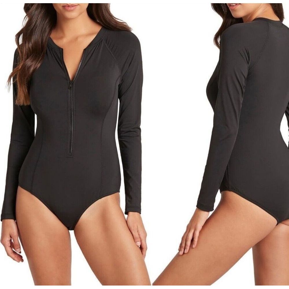NWT SEA LEVEL Essentials Long-Sleeve Multifit One-Piece Swimsuit Black‎ Size 10